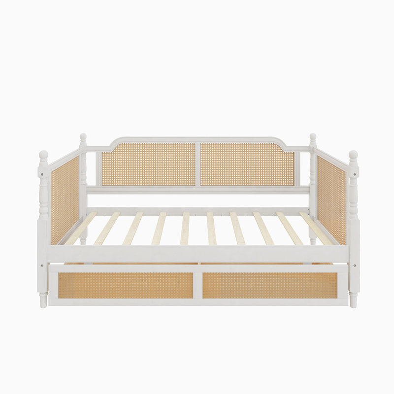Traditional Style Rattan Daybed with 2 Drawers, Twin, White
