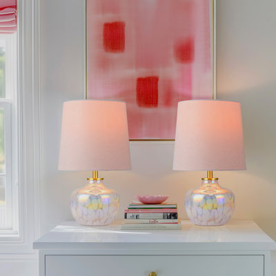 16" Hand-Blown Glass, Kids Table Lamp Set with Pink Lampshade