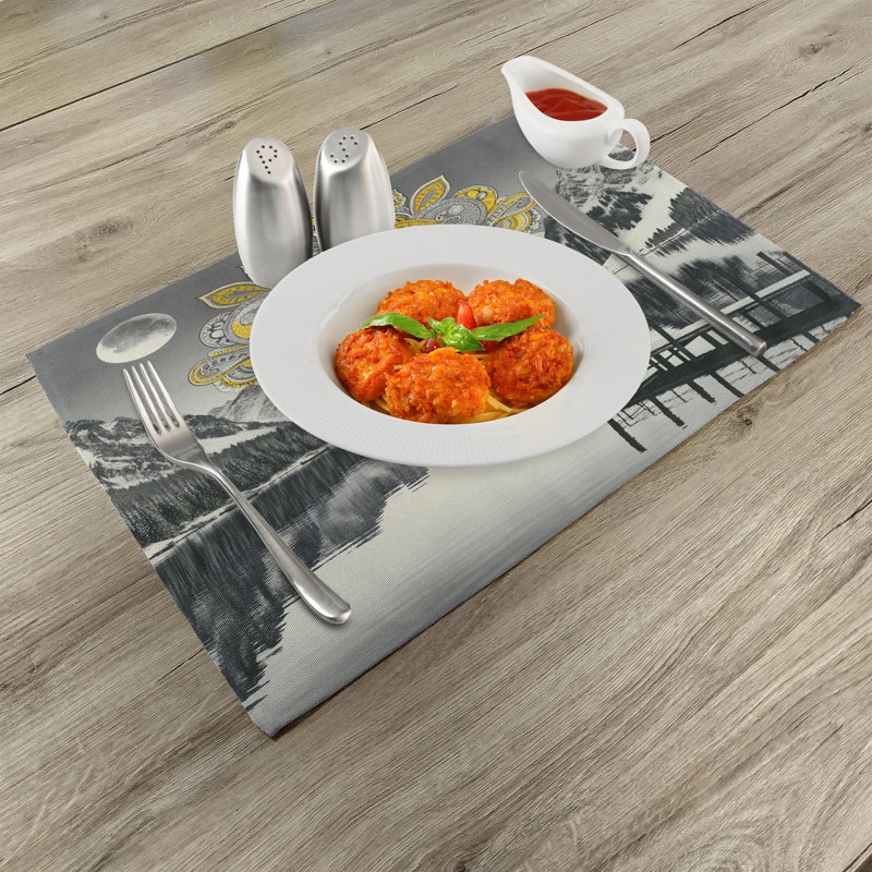 Yellow and Grey Mandala Mountain Polyester Placemats Set of 4