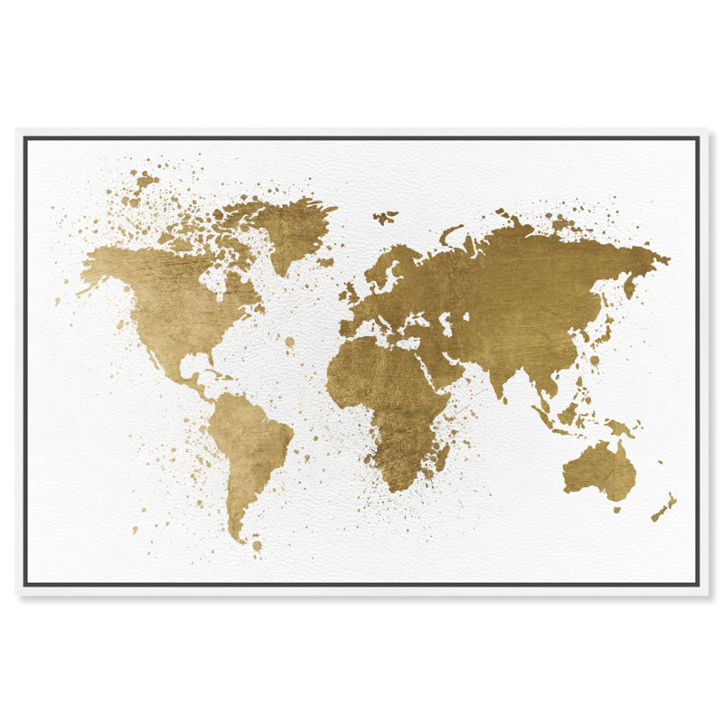 Carte du monde dorée, cuir, Continents métalliques, éclaboussures, blanc moderne - impression, H 24 po x l 36 po x P 1,75 po