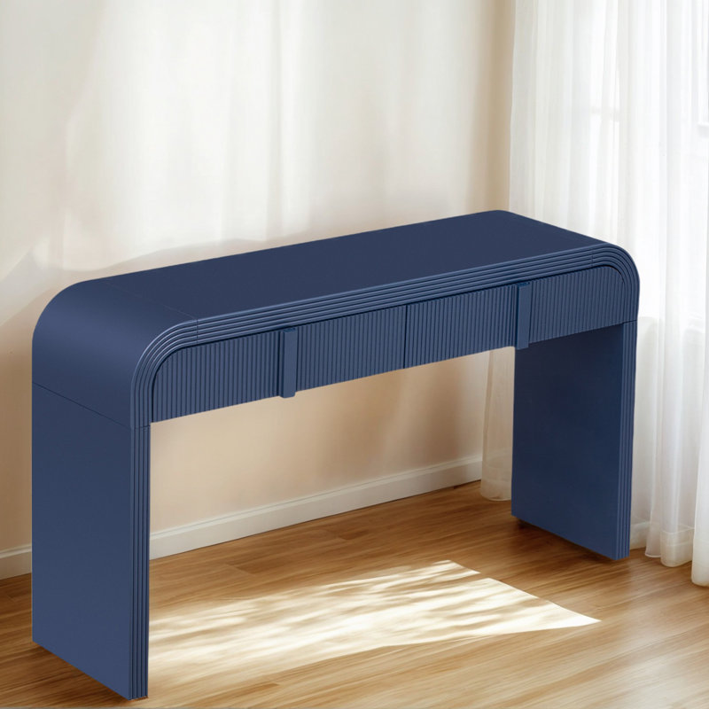 Fluted Console Table With 2 Drawers And Rounded Corners – Modern Entryway Storage Sofa Table For Hallway Or Living Room, Navy