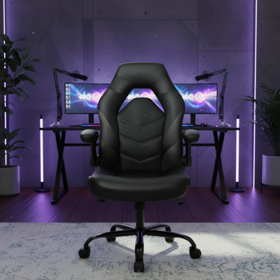 Chaise ergonomique en similicuir avec support lombaire, accoudoirs rabattables, hauteur réglable et roulettes; Convient pour la maison, le bureau et les jeux.