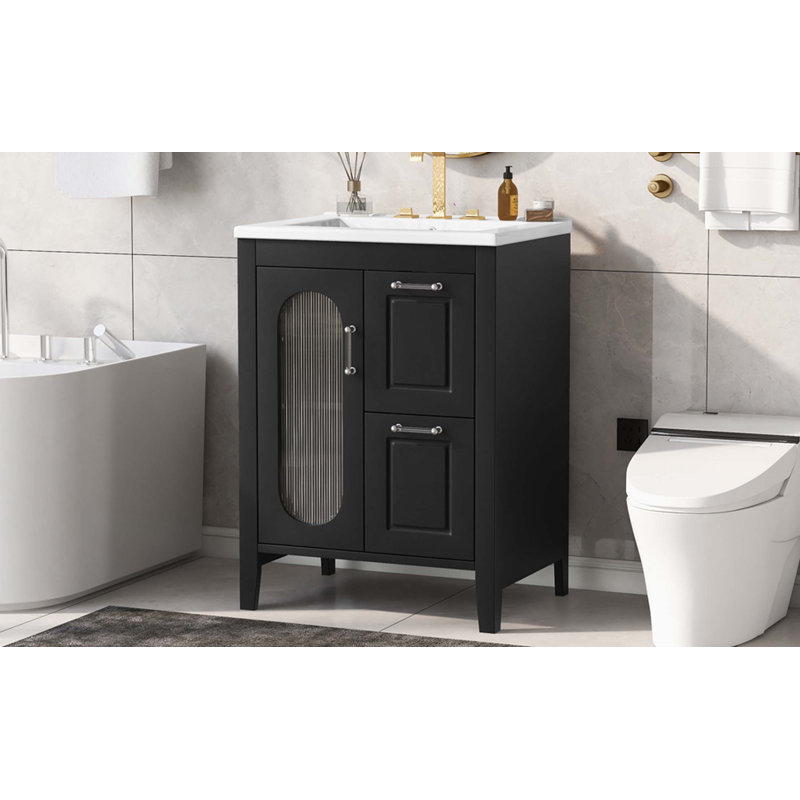 24" Bathroom Vanity with Sink, Bathroom Vanity Cabinet with Two Drawers and Door, Adjustable Shelf, Solid Wood and MDF, Black