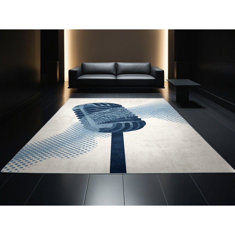 Machine Washable Entertainment & Pop Culture Microphone Modern & Contemporary Abstract Rug in Gray – SkyBlue Binding, 7x9