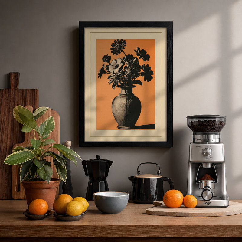 Geometric Floral Silhouette Art Deco - Framed Print, A2 - 59.4 x 42.0 cm, Black