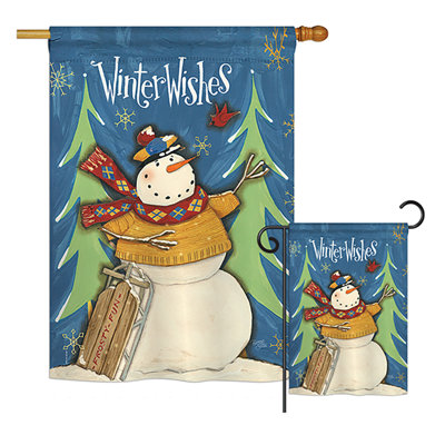 Ensemble de 2 drapeaux en polyester 2 côtés winter voeux bonhomme de neige wonderland impressions