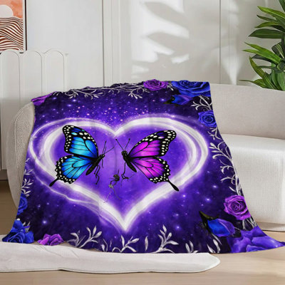 1pc mauve floral cœur papillons flanelle couverture douce romantique, fantaisiste, magique pour canapé / lit / voyage 55 * 70