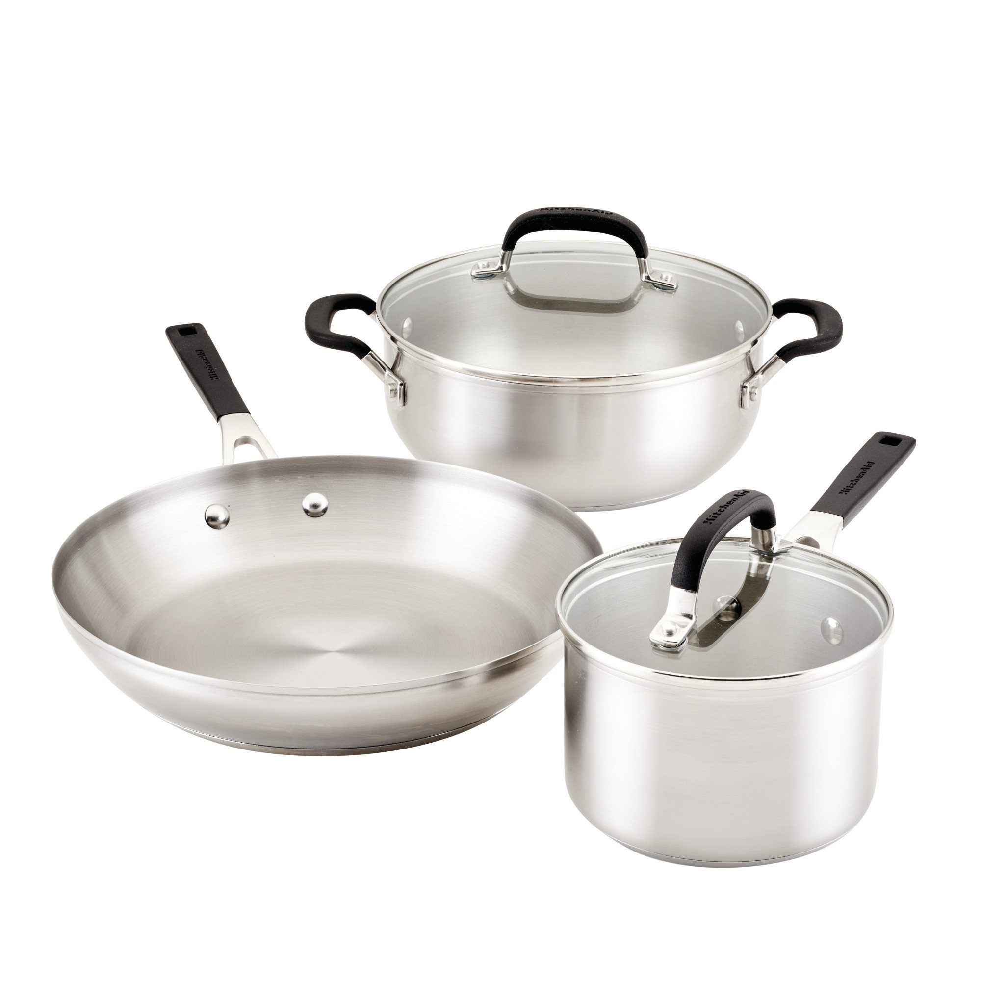 KitchenAid Stainless Steel 3-Layer Non-Stick 7 Piece Cookware Pots and Pans  Set, Clad, Induction, Oven Safe,Silver
