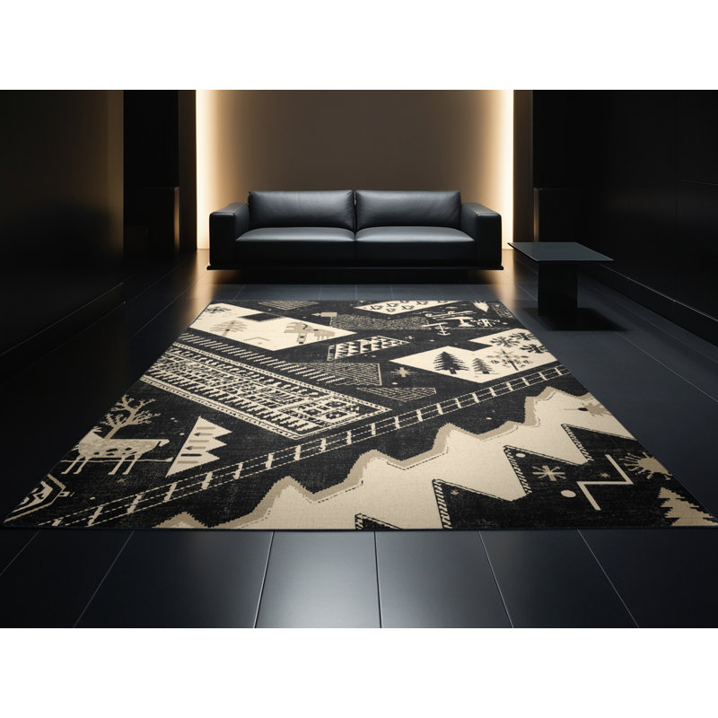 Soft Plush Eilerman Bohemian Geometric Area Rug in Gray – Black Binding, 4' Round