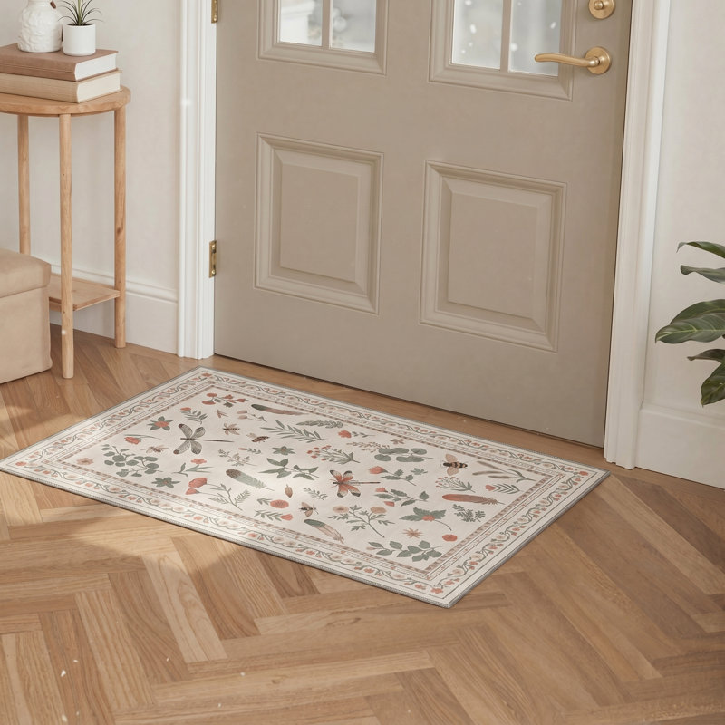 Adonis Wildmere Rustic Machine Washable Beige / Green / Pink Indoor Area Rug with Non-Slip Backing, Rectangle 6' x 9'