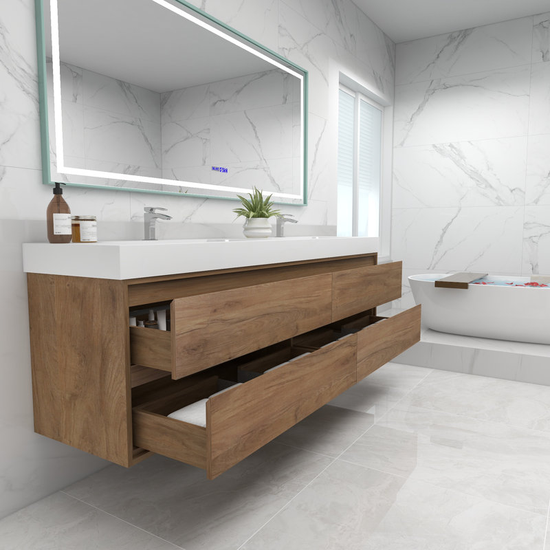 84'' Double Bathroom Vanity with Acrylic Top, White Oak