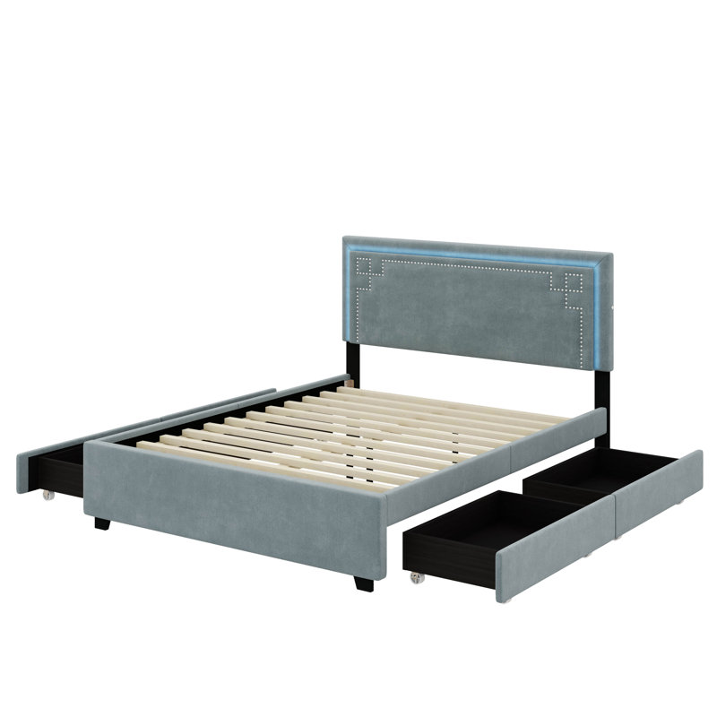 Caramie Upholstered Platform Bed with Rivet-decorated Headboard, Gray