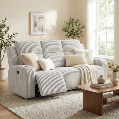 Large Plush Faux Fur Manual Reclining Sofa, 3-Seater Couch With Drop-Down Table / Wireless Charging
