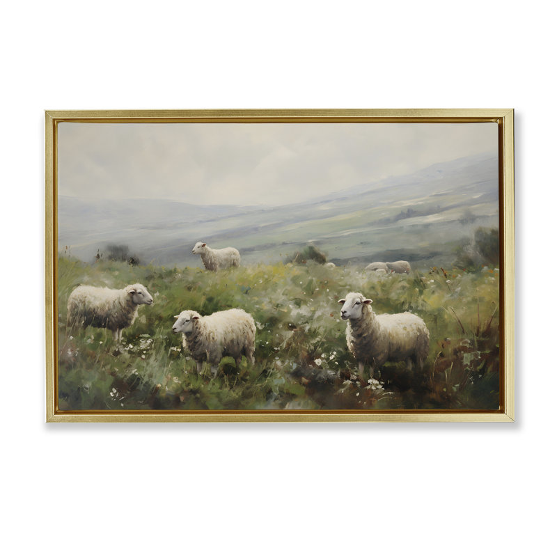 Toile «Misty Sheep Pasture» encadrée par Petal Prints Design, Cadre flottant métallique doré, H 17 po x l 25 po