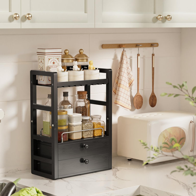 Organisateur de comptoir de salle de bain en bambou, organisateur de maquillage à 2 niveaux avec 2 tiroirs, rangement pour coiffeuse, coin café/matcha, étagère compacte pour salle de bain, cuisine ou bureau, noir