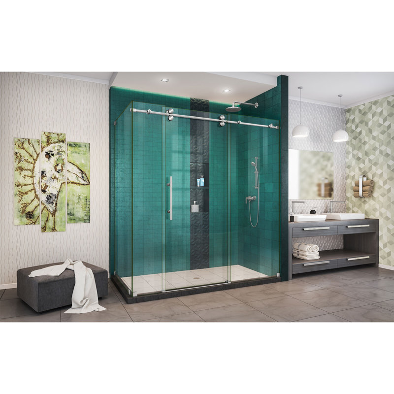 Enigma-XO Single 60.37" W x 32.5" D x 76" H Frameless Rectangle Shower Enclosure, Brushed Stainless Steel