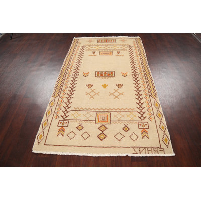 Tapis beige en laine noué à la main de conception unique 3 pi 10 po x 6 pi 7 po années 1960