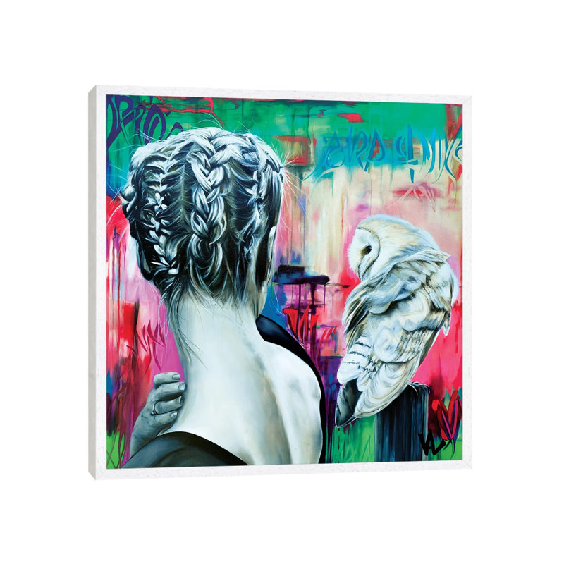 Unexpected Meeting by Val Escoubet - Painting on Canvas, 66.04cm H x 66.04cm W x 3.81cm D, White Framed