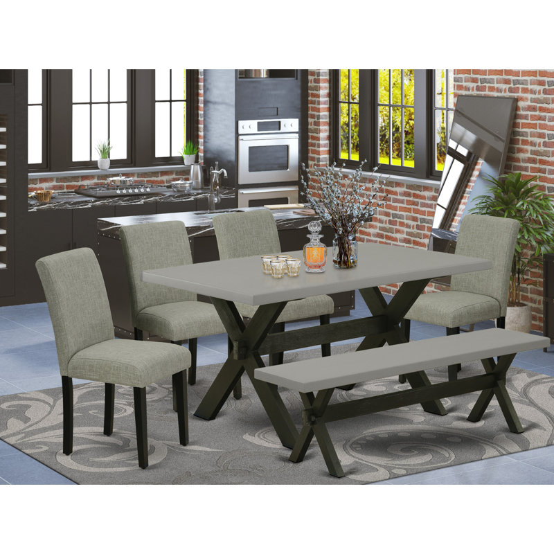 6 Piece Dining Room Set Contains a Rectangle Dining Table with X-Legs and 4 Shitake Linen Fabric Parson Chairs with a Bench, Wire brushed Black