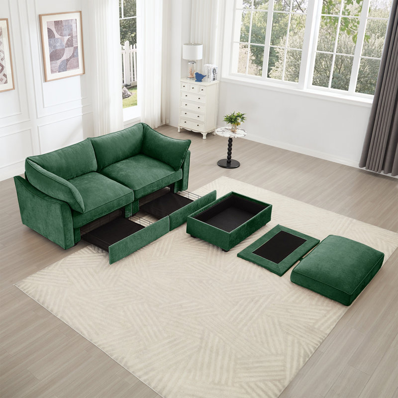 Canapé modulaire en chenille avec repose-pieds et tiroirs de rangement Hartsdale, Chenille verte