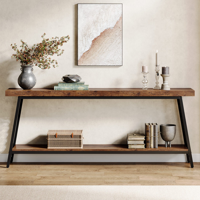 Rustic Brown and Black 70.9" Industrial Console Table with Storage Shelf