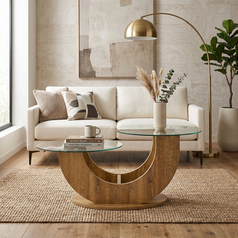 Table basse simple avec plateau en verre, Transparent / bois