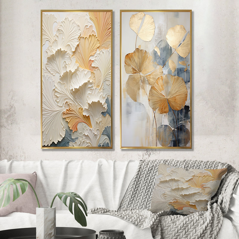 Ensemble de 2 décorations murales Modern Golden Beige Plam Tree - Abstract Botanicals, Encadrement doré, H 28 po x l 25 po