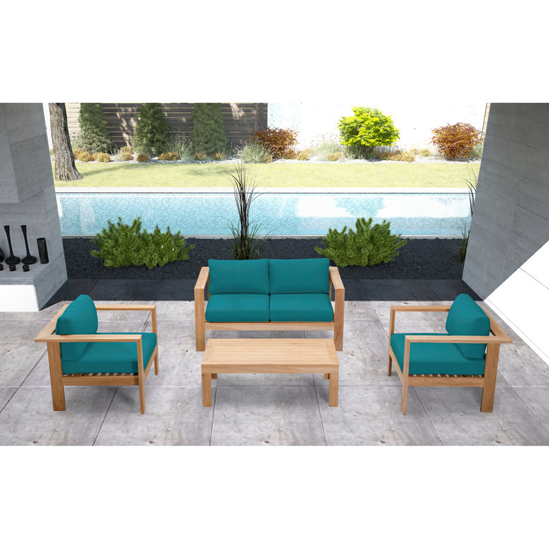 Sonoma 4 Piece Teak Sofa Seating Group with Sunbrella Cushions, Spectrum Peacock Sunbrella® Plainweave