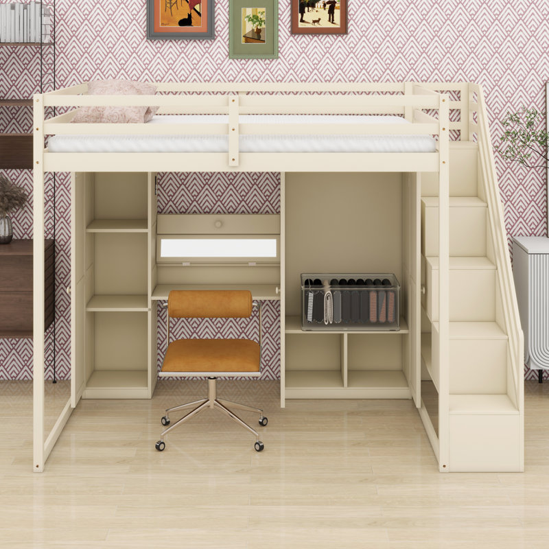 Multifunctional Loft Bed Featuring Built-In Stair Storage, Vanity Desk, Wardrobe, USB Ports & LED Lights, Beige