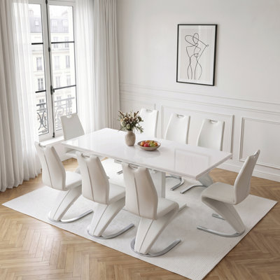 Expandable Dining Table Set of 8, 140-180cm High Gloss White Kitchen Table with 8 Chairs, Modern Pedestal Table for Living Room