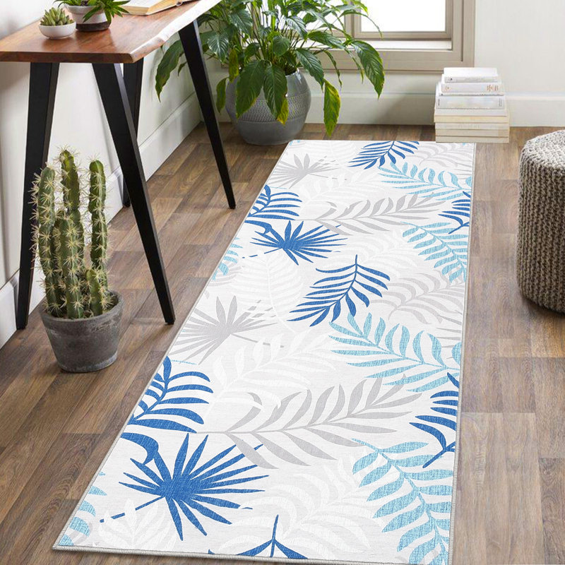 Blue and White Floral Synthetic Runner Rug 2' x 6'