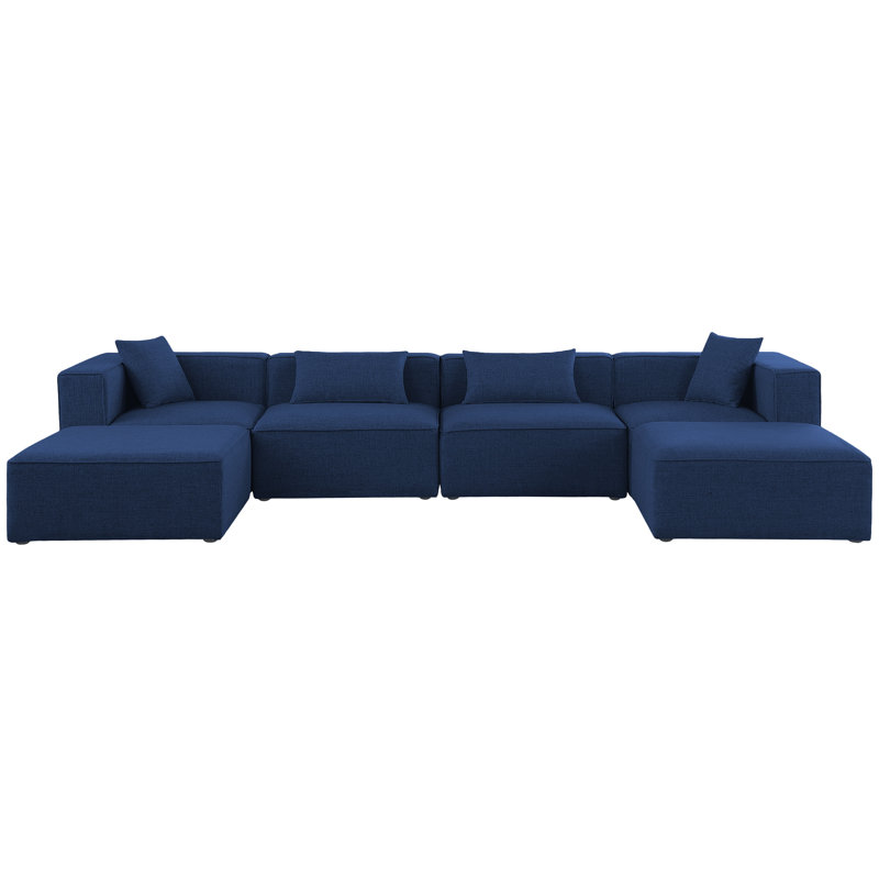 Cube Upholstered U-Shaped Sectional Reversible, Navy Linen Textured Fabric