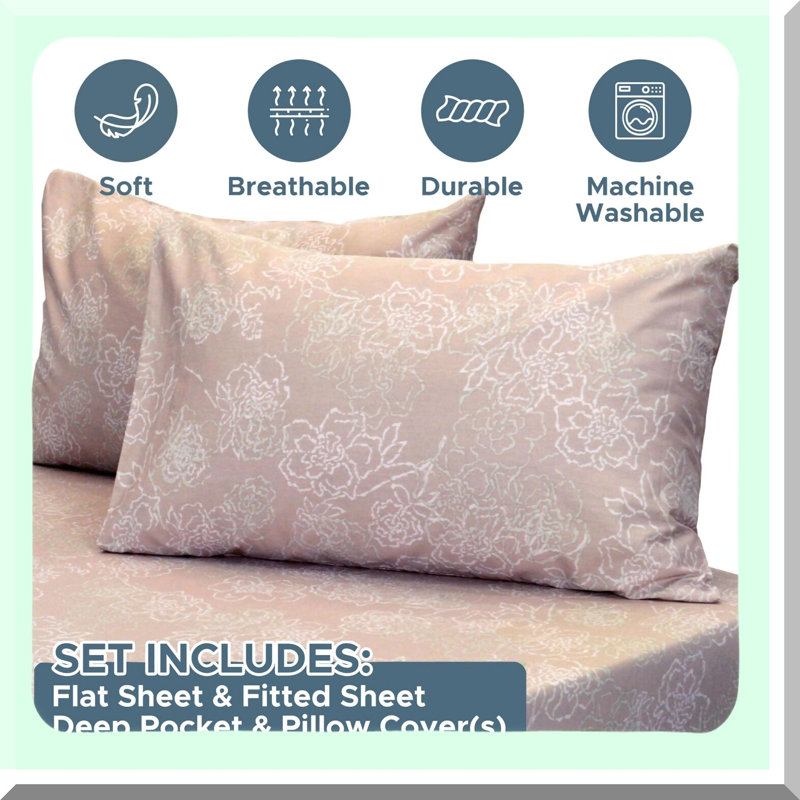 CoolCotton 620 Thread Count 4-Piece Sheet Set - Deep Pocket Fitted Sheet, Flat Sheet, 2 Pillow Cases - Cooling Cotton Sheets for Size Bed - Rosa