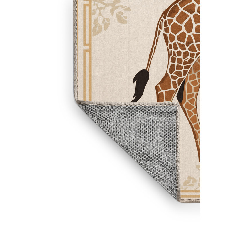 Machine Washable Peirsen Giraffe Traditional Block Print Rug in Beige – Beige Binding, 5 x 7