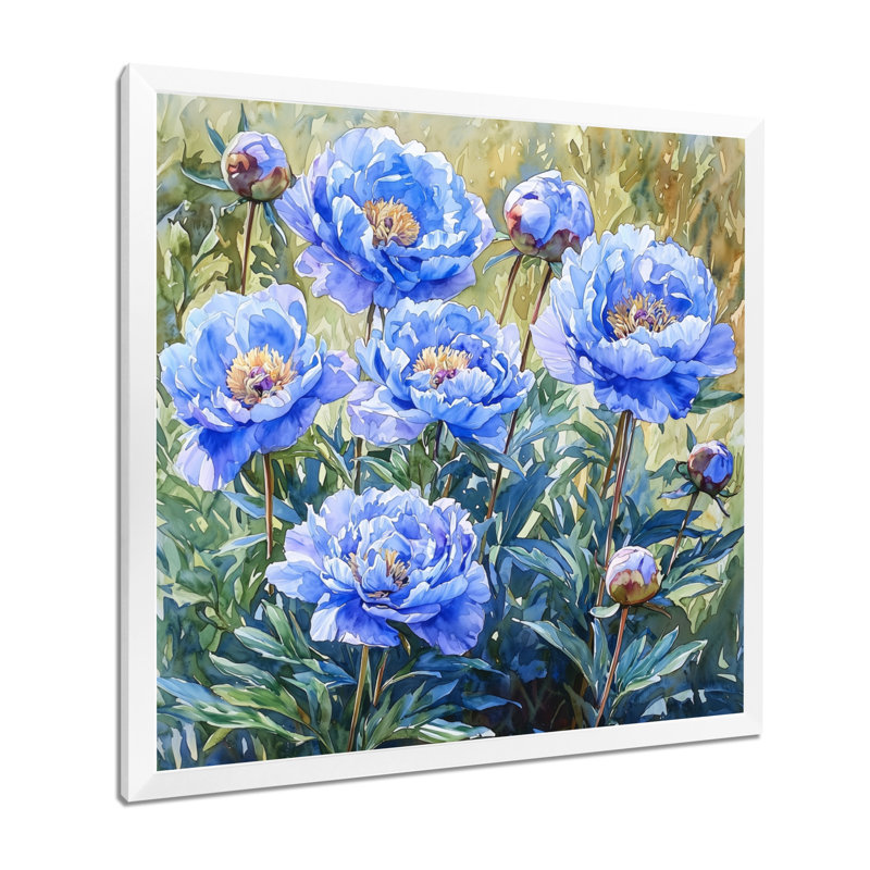 Pivoines bleues et vertes - art mural pivoines, H 16 po x l 16 po, Picture Framed, Blanc