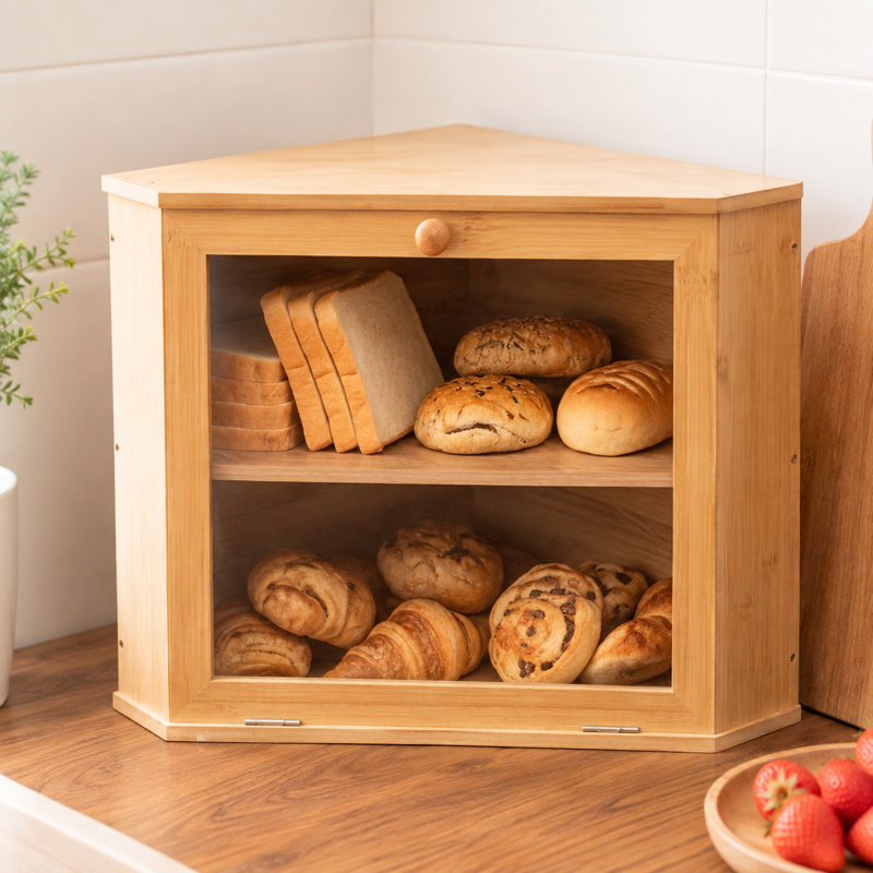 Natural Bamboo Corner Bread Box for Kitchen Counter 2 Layers Food Storage Container