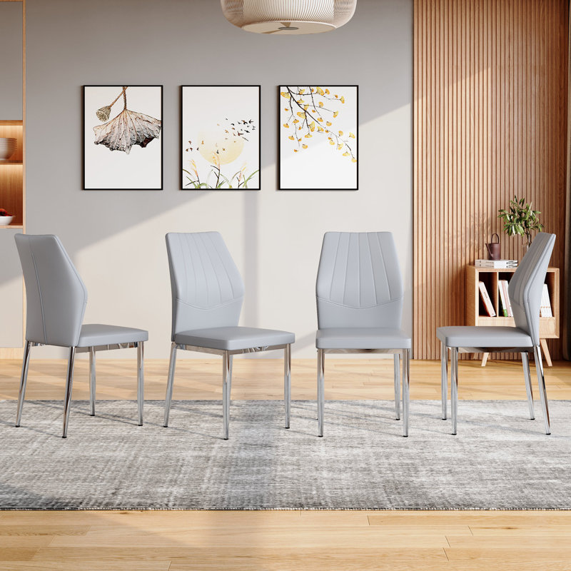 Ensemble de 4 chaises de salle à manger gris clair et argentées, 37 pouces de haut, avec dossier ergonomique en polyuréthane. | Idée de cadeau