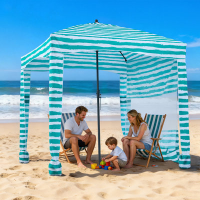 Beach Cabana, auvent de plage de 6 x 6 pi avec paroi latérale, tente UPF 50+ à installation facile avec poches de sable, parasol portatif à abri pour toute la famille et les amis, rayures vertes