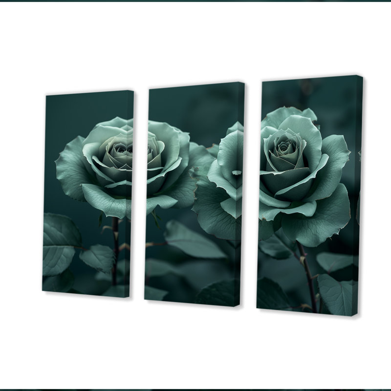 «Green Nocturnal Nirvana Roses» - ensemble d'art mural roses, Toile tendue, H 32 po x l 48 po x P 1 po
