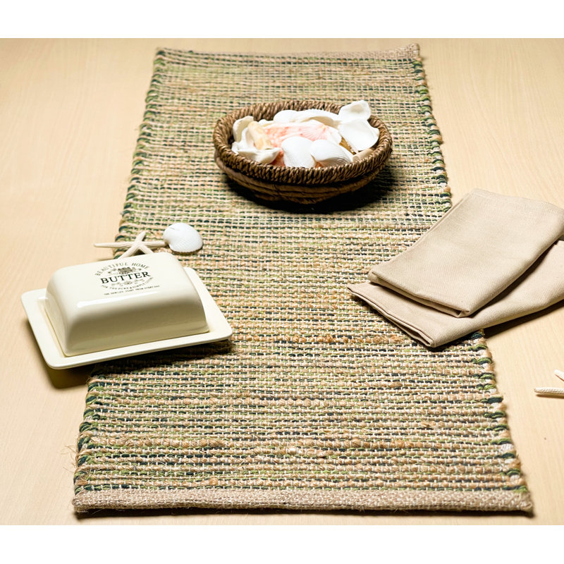 Chemin de table Pingham, Naturel / Vert, 48 po x 13 po
