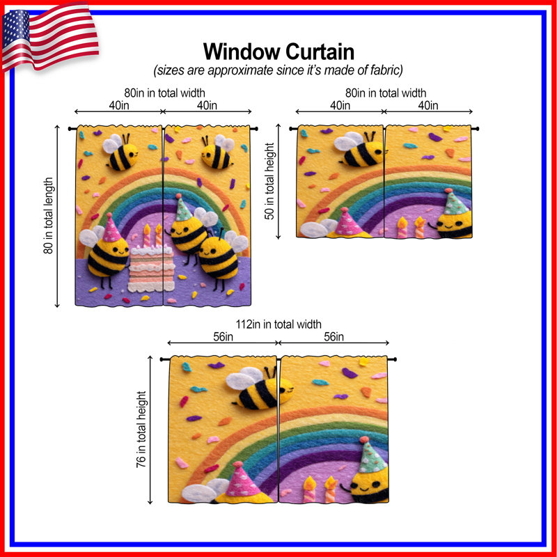 Rideaux de fenêtre Felt Bees Birthday Cake Bees, 20 po x 50 po - 2 panneaux, Transparent