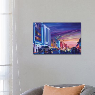 South Beach Ocean Drive Night In Miami Beach FL 1 Piece Wrapped Canvas Wall Art