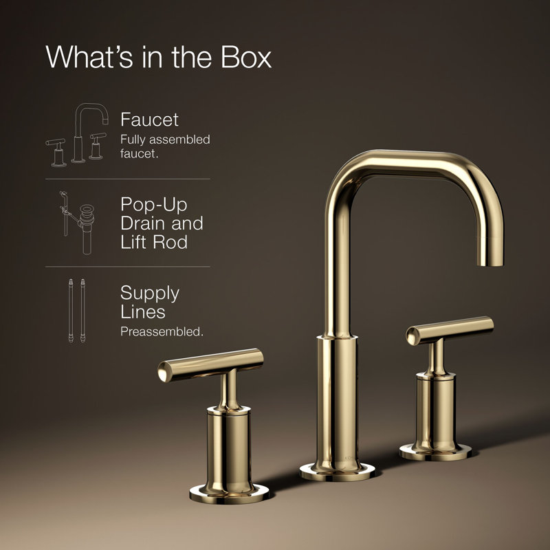 Purist® Widespread Faucet with Drain Assembly Low Lever Handles and Low Gooseneck Spout, Vibrant French Gold