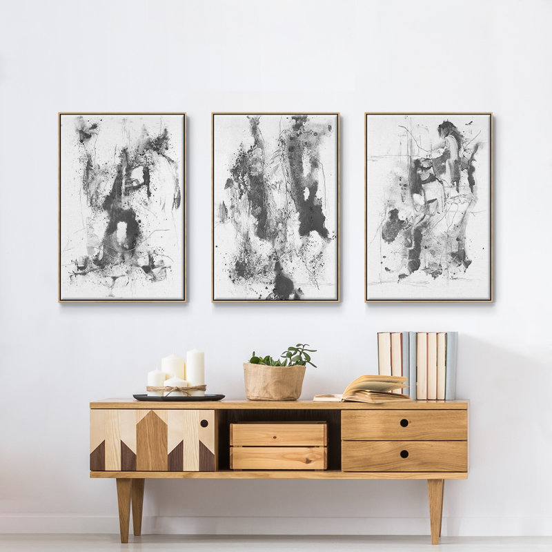 Graphite abstrait I, reproduction encadrée sur toile 3 pièces, Naturel, H 40 po x l 90 po x P 2 po