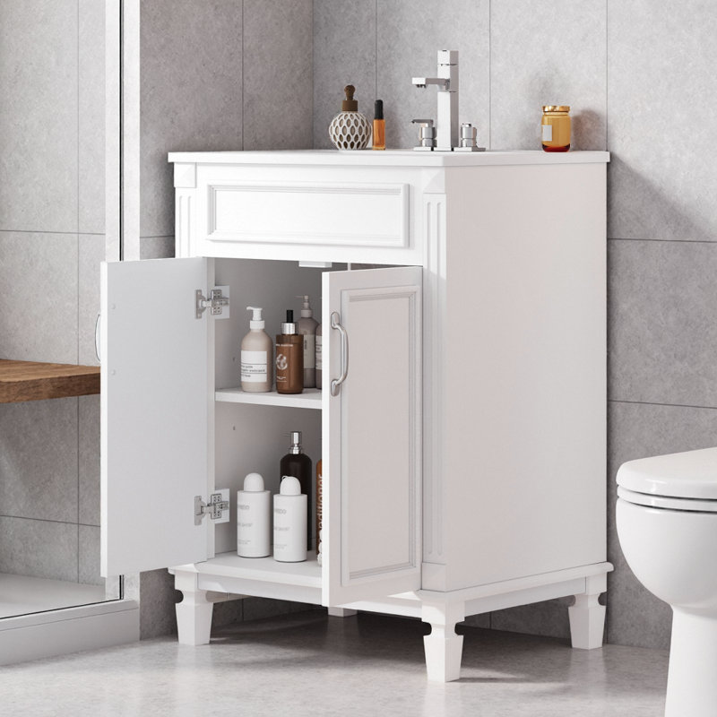 Meuble-lavabo moderne blanc 24 po avec lavabo encastré en céramique, portes à fermeture douce et structure en bois massif