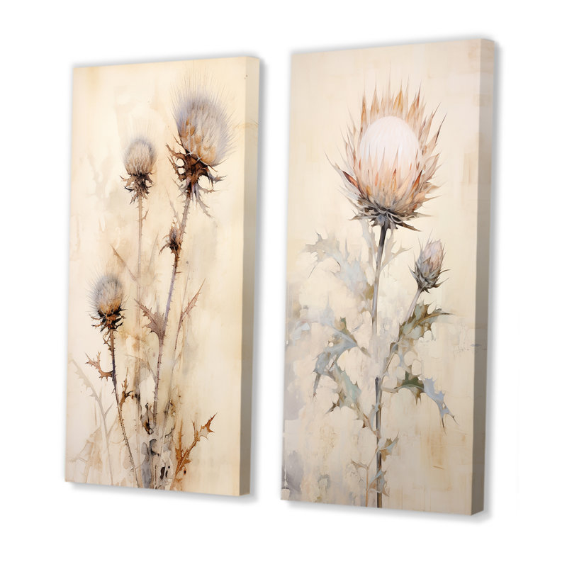 Fleur de chardon beige en sourdine - ensemble de 2 impressions sur toile Thistle, Toile tendue, H 28 po x l 25 po