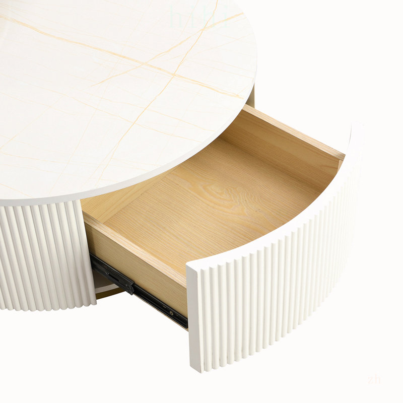 Table basse gigogne ronde moderne avec 2 grands tiroirs pour un rangement élégant et une décoration intérieure élégante, parfaite pour le salon