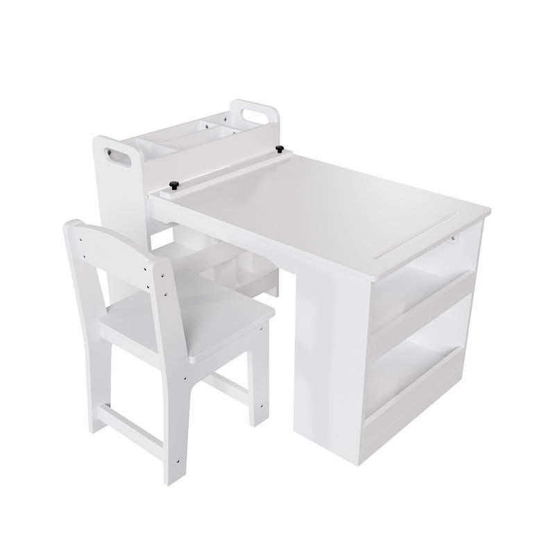 Kids Art Table & Chair Set with Paper Roll Dispenser – Wooden Toddler Drawing Table with 4-Tier Open Shelves, Crafts Activity Furniture for Classroom, Daycare, Home