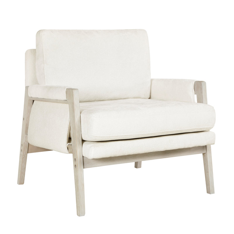 Fauteuil d'appoint moderne couleur crème, profondeur d'assise de 52 cm, rembourrage à ressorts ensachés, structure en bois massif, largeur de 67 cm, revêtement en chenille.