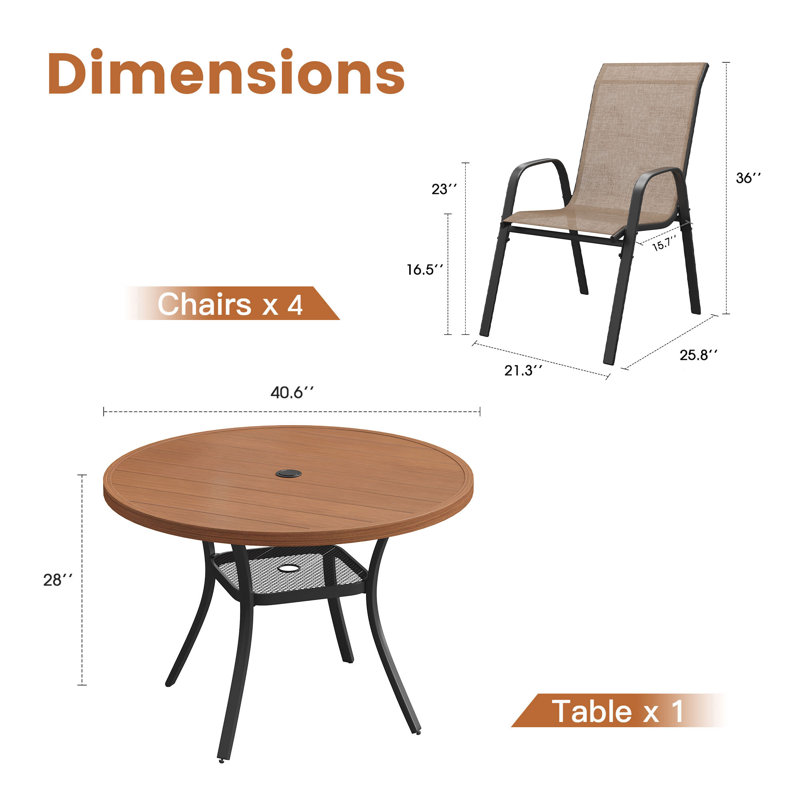 Ensemble de salle à manger de patio 4 personnes avec chaises empilables, Bois brossé brun / noir / brun, 4